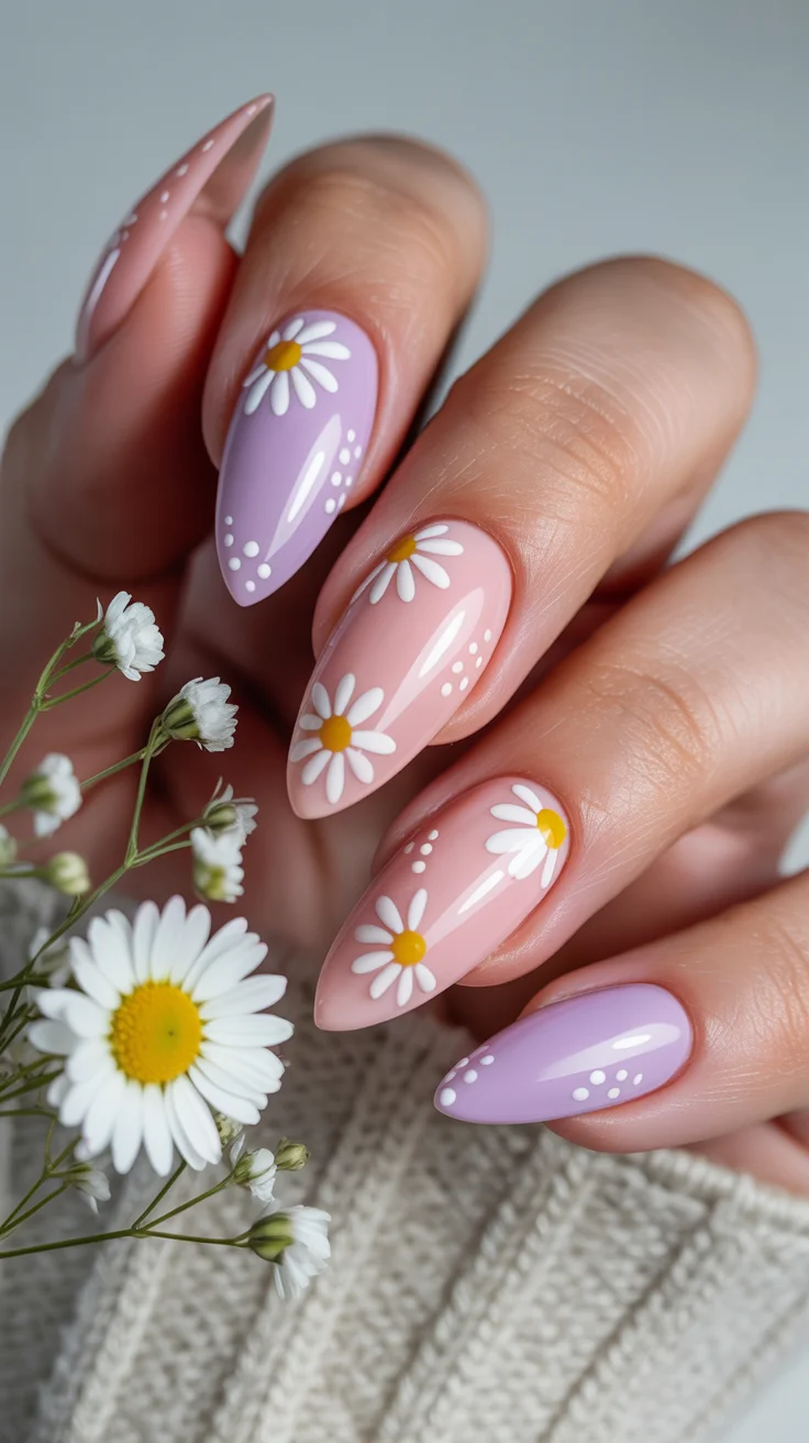 easter nails color ideas 2026 Lavender and Blush Daisy Nails With a Soft Spring Garden Mood