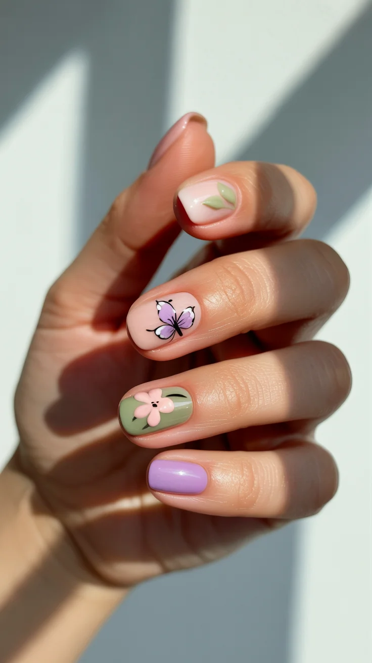 easter nails color ideas 2026 Minimal Botanical and Butterfly Nails in Soft Pastel Tones