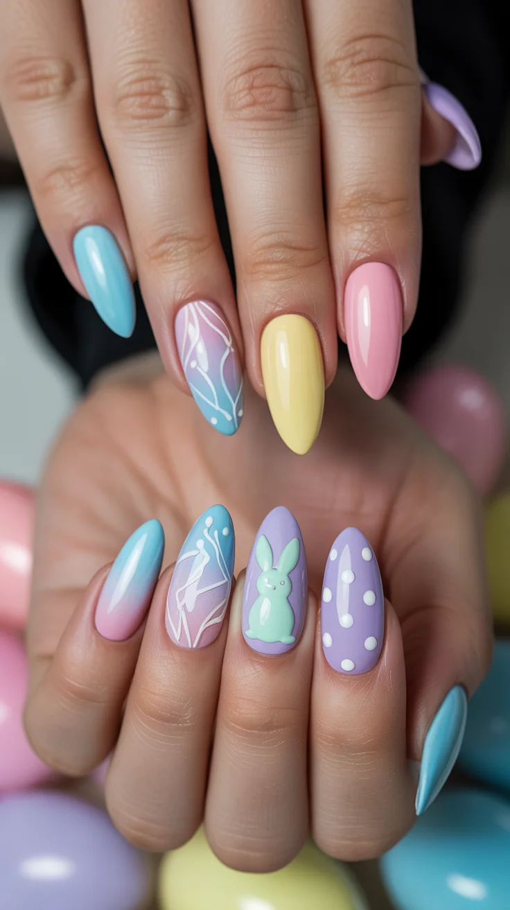 easter nails color ideas 2026 Pastel Almond Nails With Abstract Spring Line Art