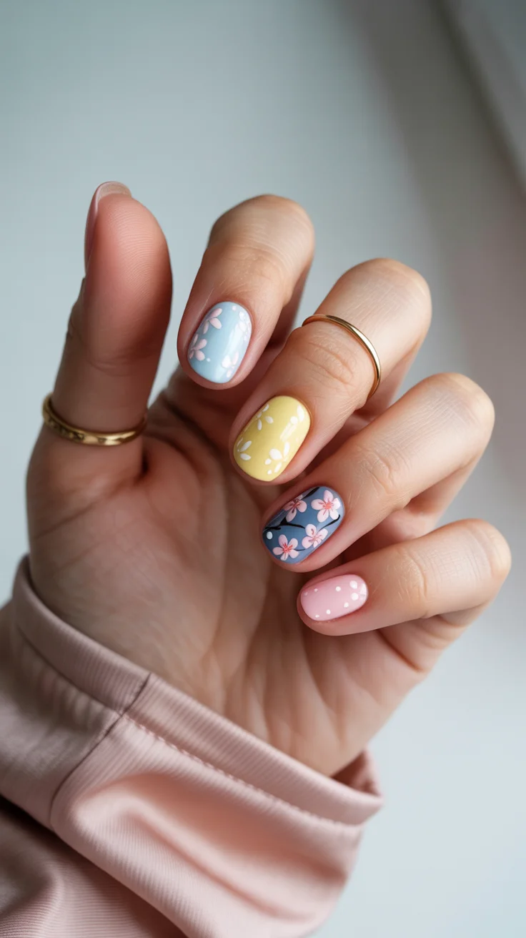 easter nails color ideas 2026 Pastel Mix and Match Floral Spring Nails