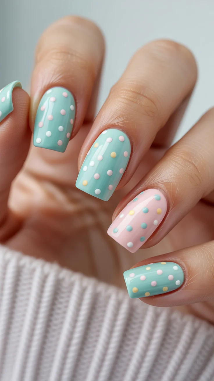 easter nails color ideas 2026 Mint and Pink Polka Dot Pastel Nails