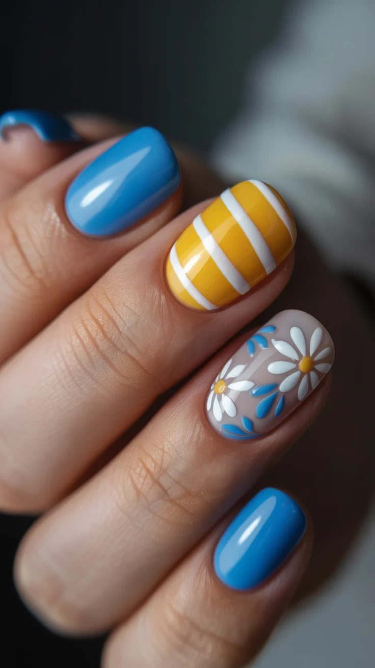 easter nails color ideas 2026 Blue and Daisy Spring Mix With Sunny Yellow Stripes