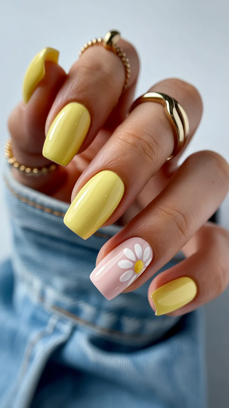 easter nails color ideas 2026 Sunny Yellow Spring Nails With a Minimal Daisy Accent