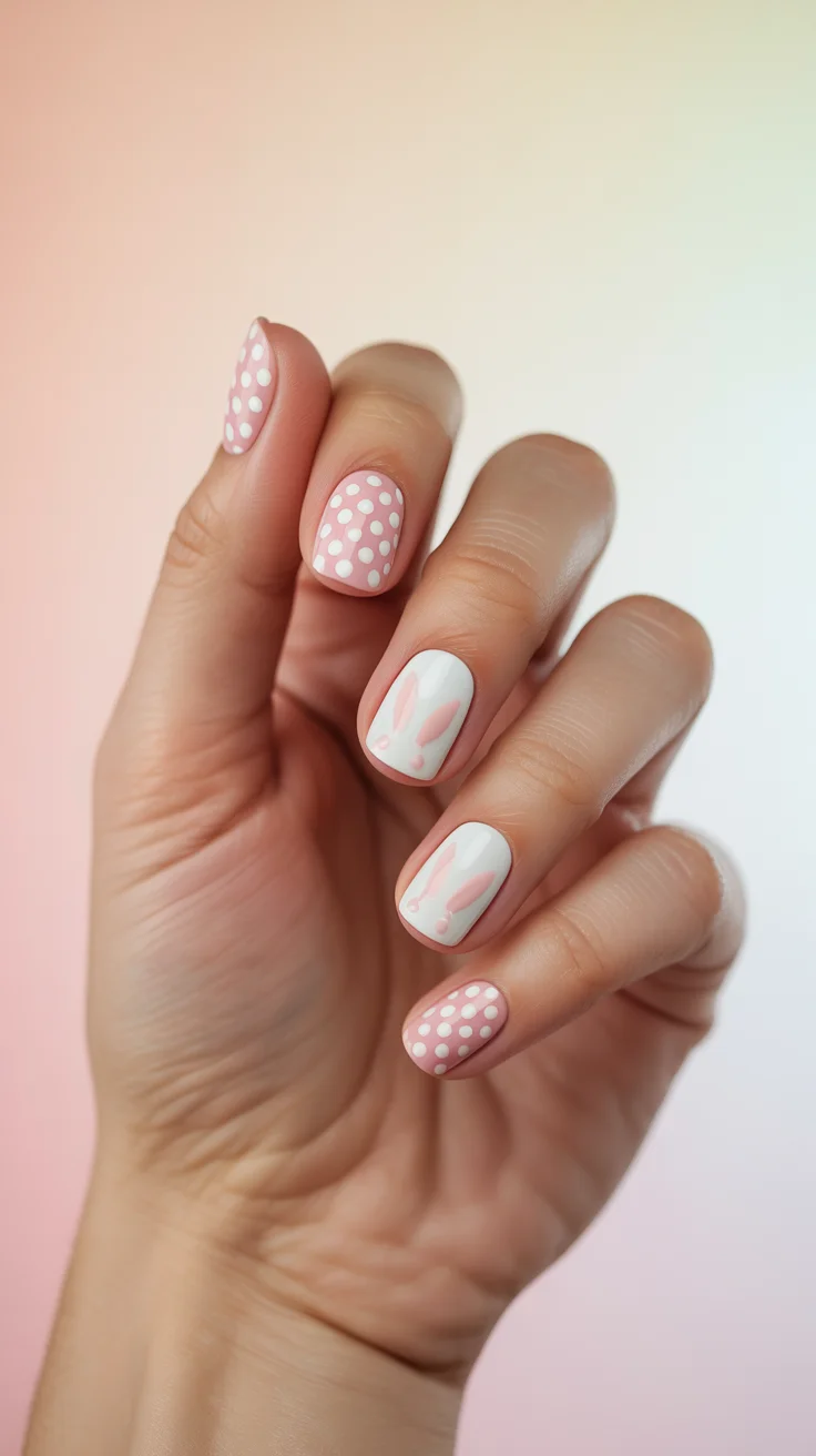 easter nails color ideas 2026 Soft Pink Polka Dots With Minimal Bunny Silhouettes