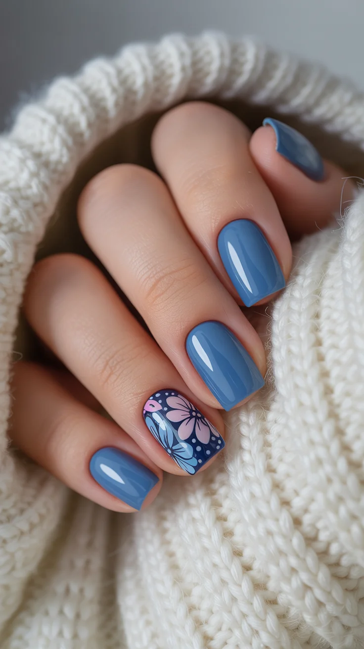 easter nails color ideas 2026 Dusty Blue Floral Accent Nails for Early Spring