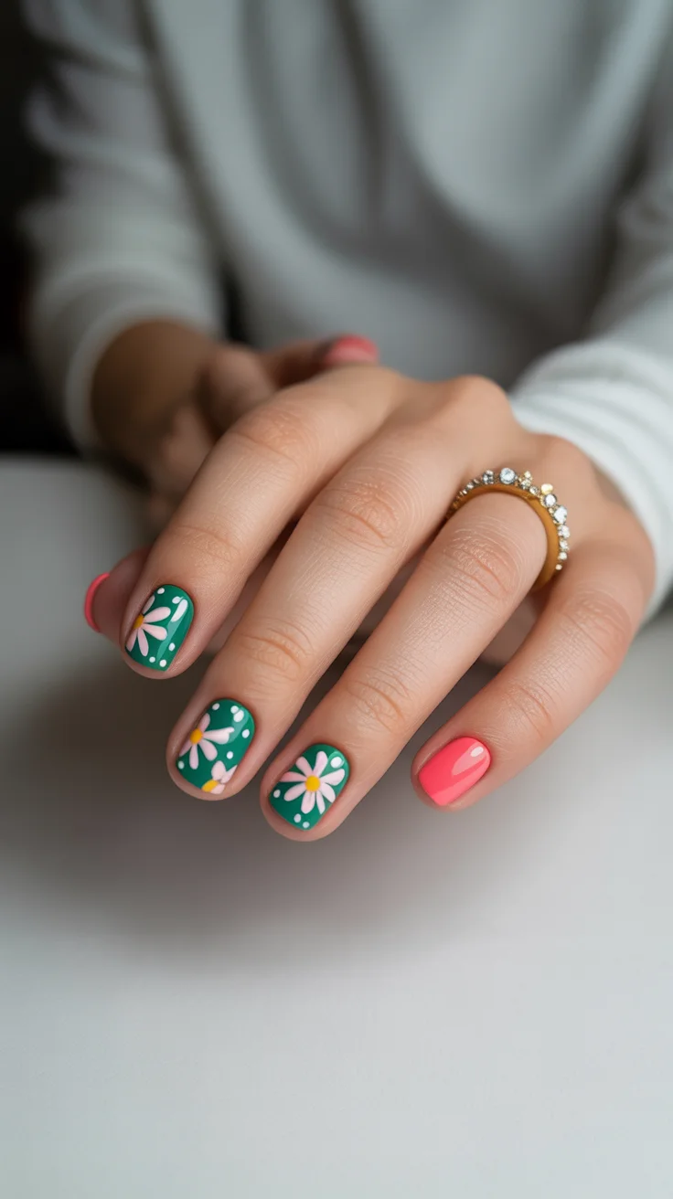 easter nails color ideas 2026 Fresh Green Daisy Nails With a Bright Coral Accent