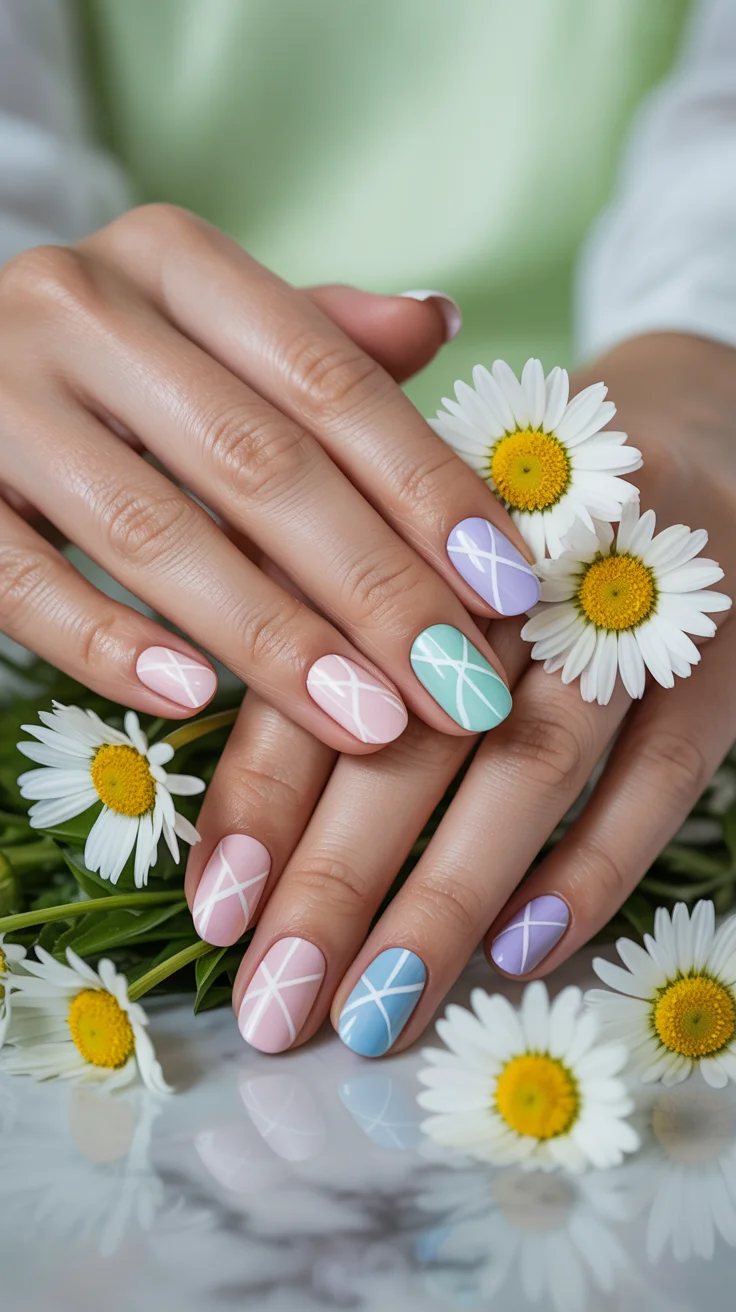easter nails color ideas 2026 Pastel Cross Line Nails Inspired by Easter Egg Patterns
