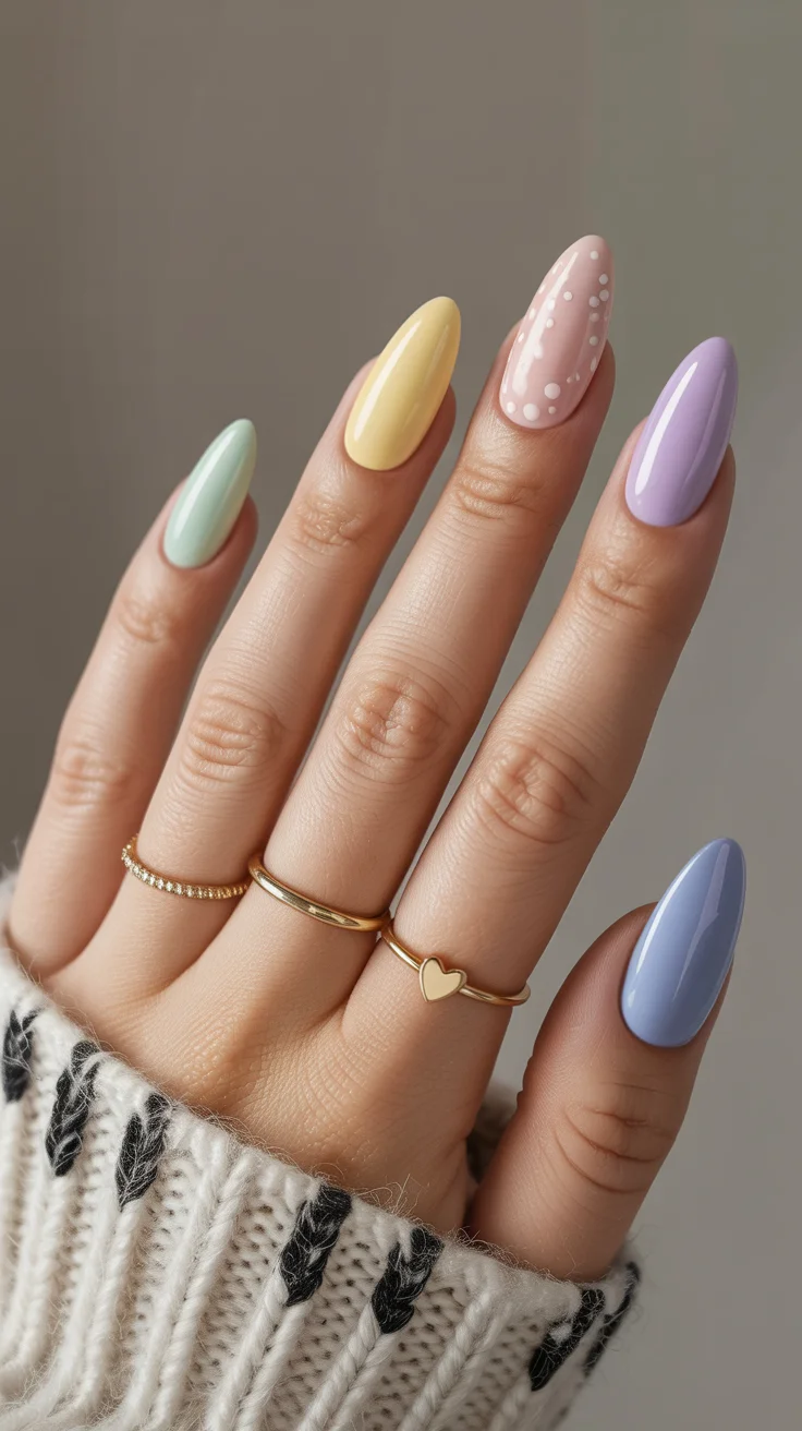 easter nails color ideas 2026 Long Almond Pastel Nails With Soft Speckled Accent