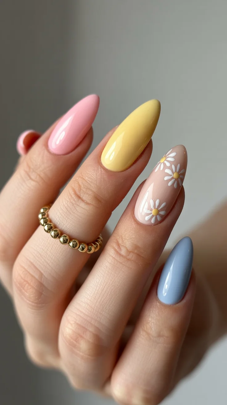 easter nails color ideas 2026 Soft Spring Pastels With Hand Painted Daisy Accent