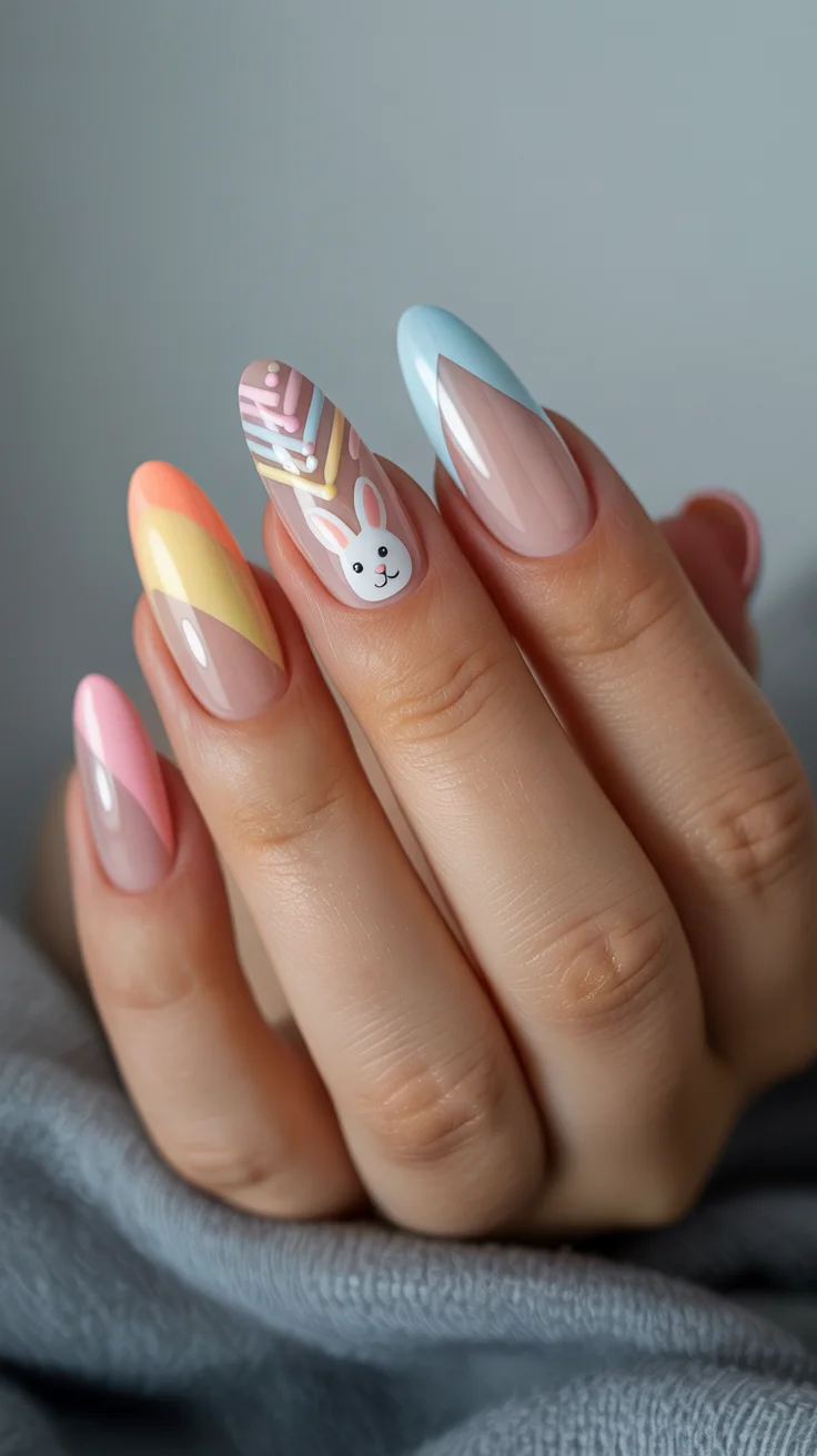easter nails ideas 2026 Modern Pastel Geometric Easter Nails with Bunny Accent