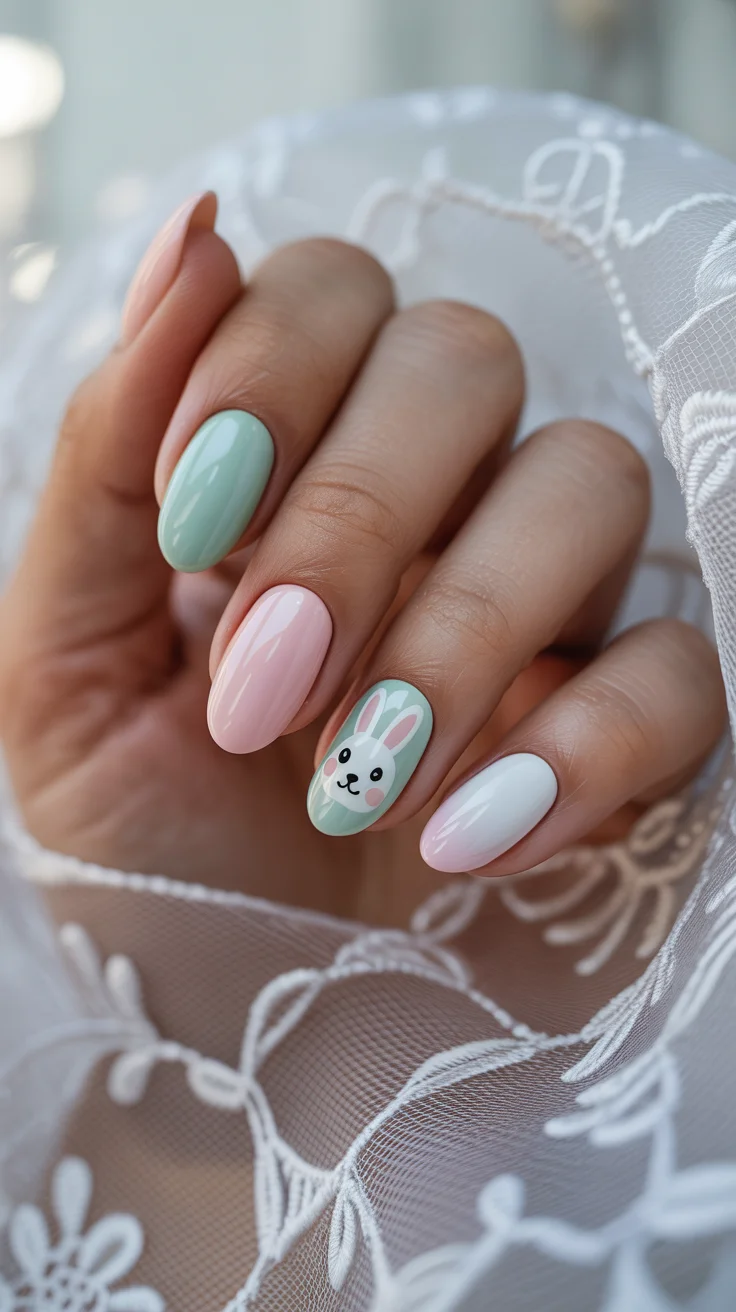 easter nails ideas 2026 Soft Mint and Blush Easter Nails with Minimal Bunny Accent