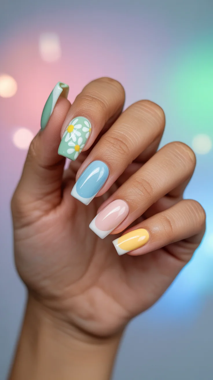 easter nails ideas 2026 Pastel French Tip Easter Nails with Daisy Accent