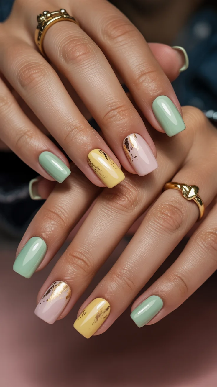 easter nails ideas 2026 Muted Easter Pastel Nails with Gold Foil Accents