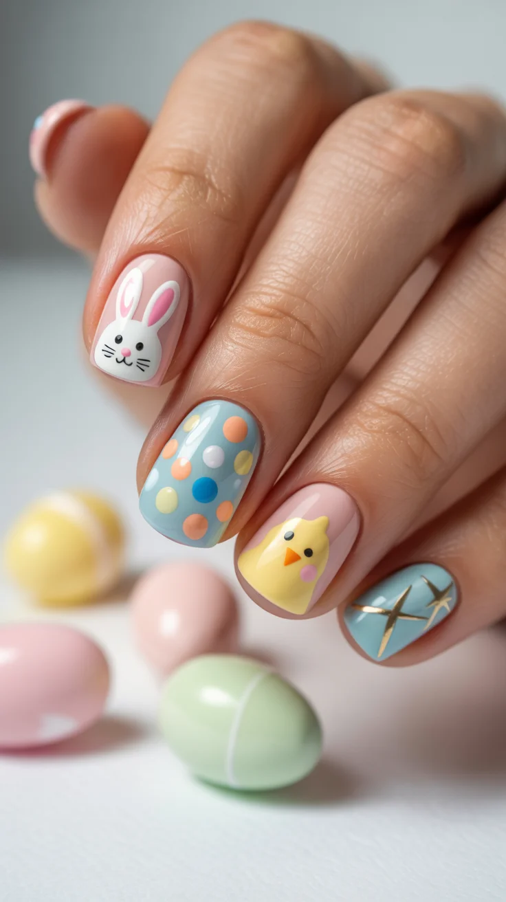 easter nails ideas 2026 Playful Easter Bunny and Chick Nail Art with Pastel Polka Dots