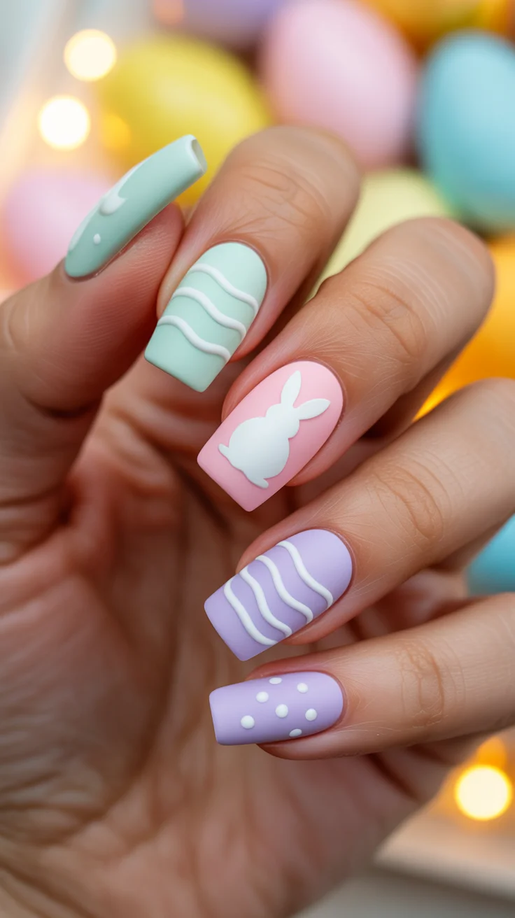 easter nails ideas 2026 Matte Pastel Easter Nails with Bunny Silhouette and Egg Patterns