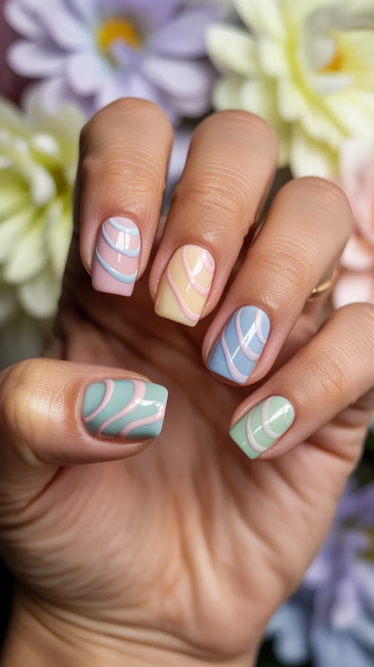 easter nails ideas 2026 Swirled Easter Egg Nails with Soft Pastel Waves