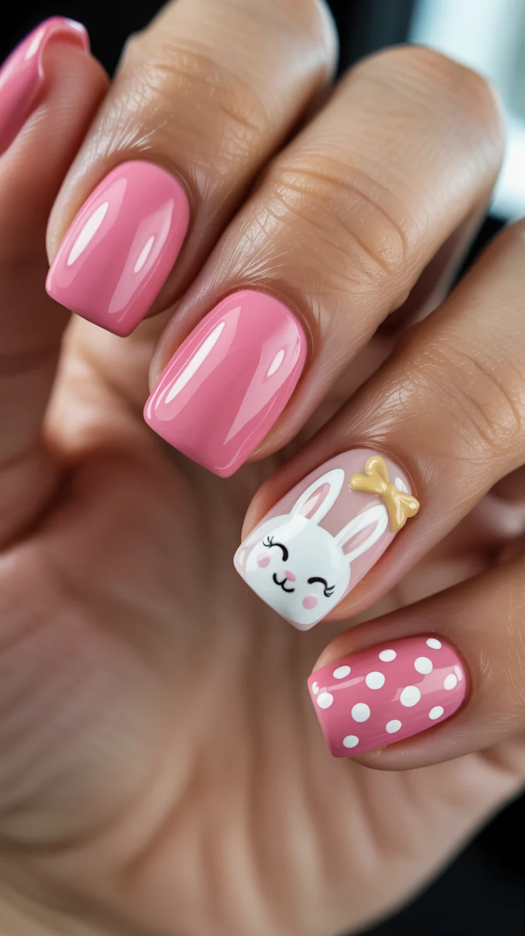 easter nails ideas 2026 Glossy Pink Easter Nails with Cute Bunny Accent