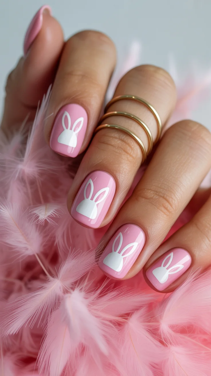 easter nails ideas 2026 Minimal Pink Easter Nails with Bunny Silhouette