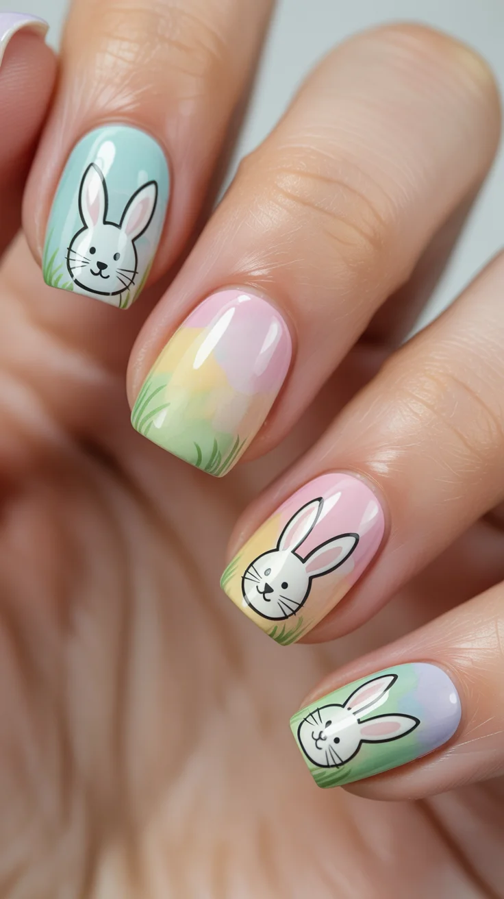 easter nails ideas 2026 Soft Pastel Meadow Nails with Minimal Bunny Illustrations