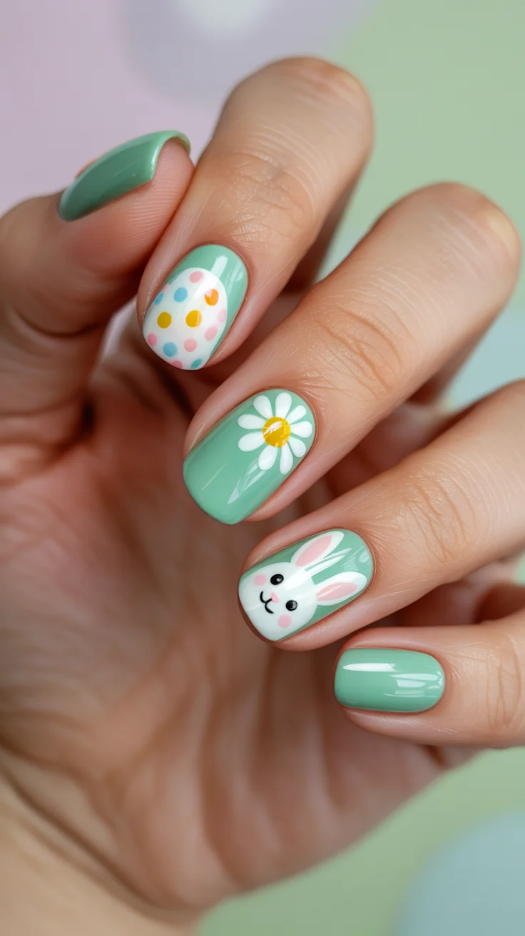 easter nails ideas 2026 Fresh Mint Easter Nails with Daisy and Bunny Art