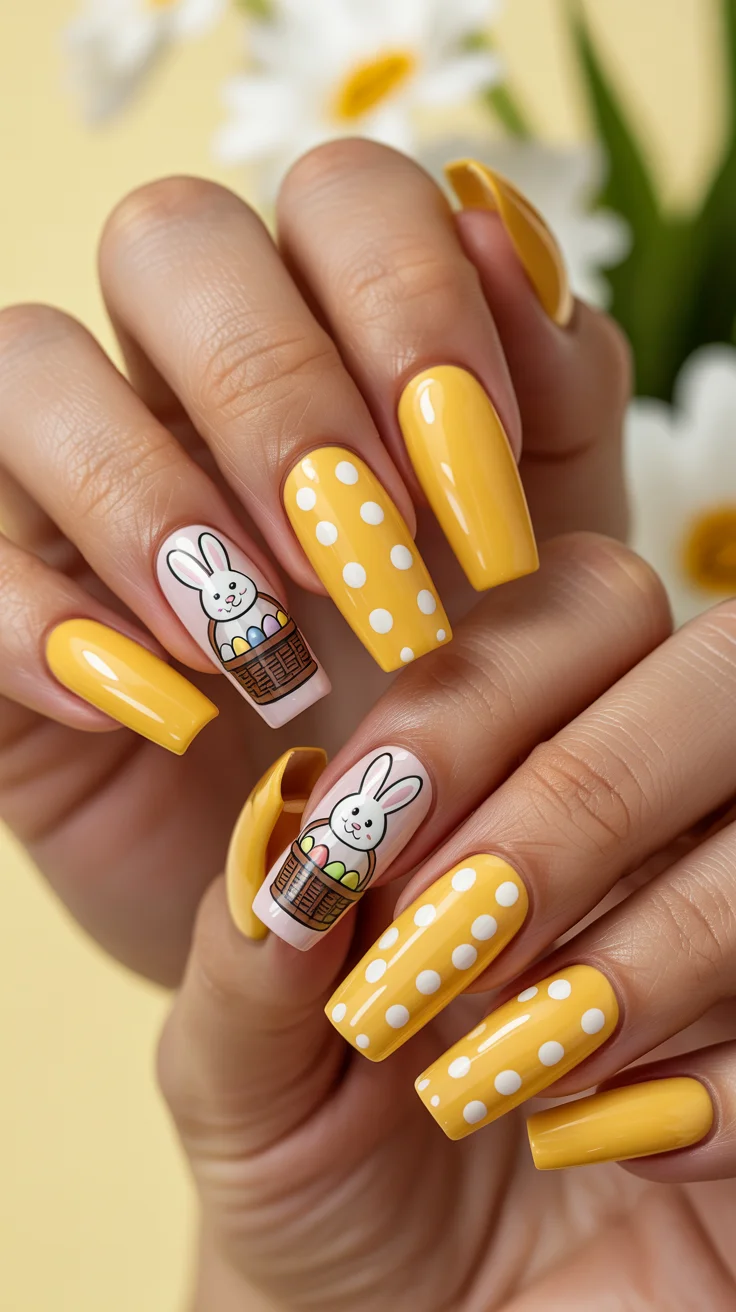easter nails ideas 2026 Sunny Yellow Easter Nails with Polka Dots and Basket Bunny Art