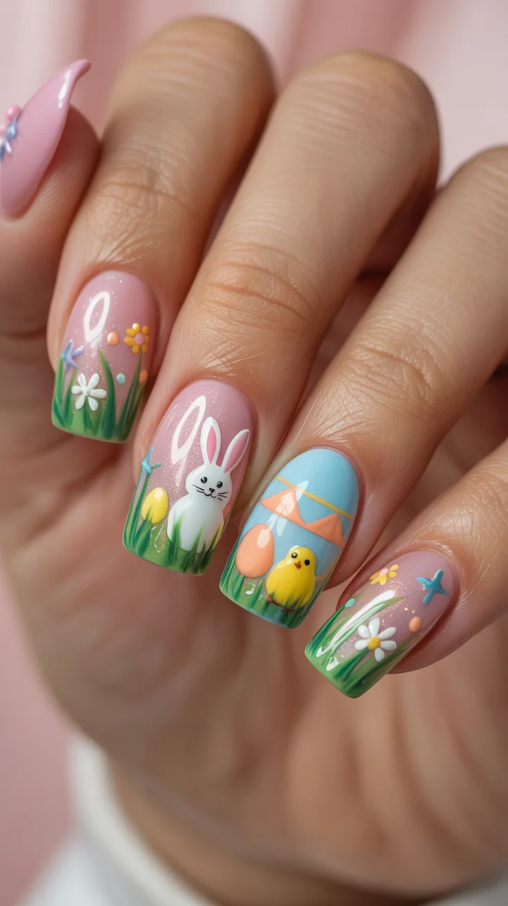 easter nails ideas 2026 Spring Garden Easter Nails with Bunny and Chick Details