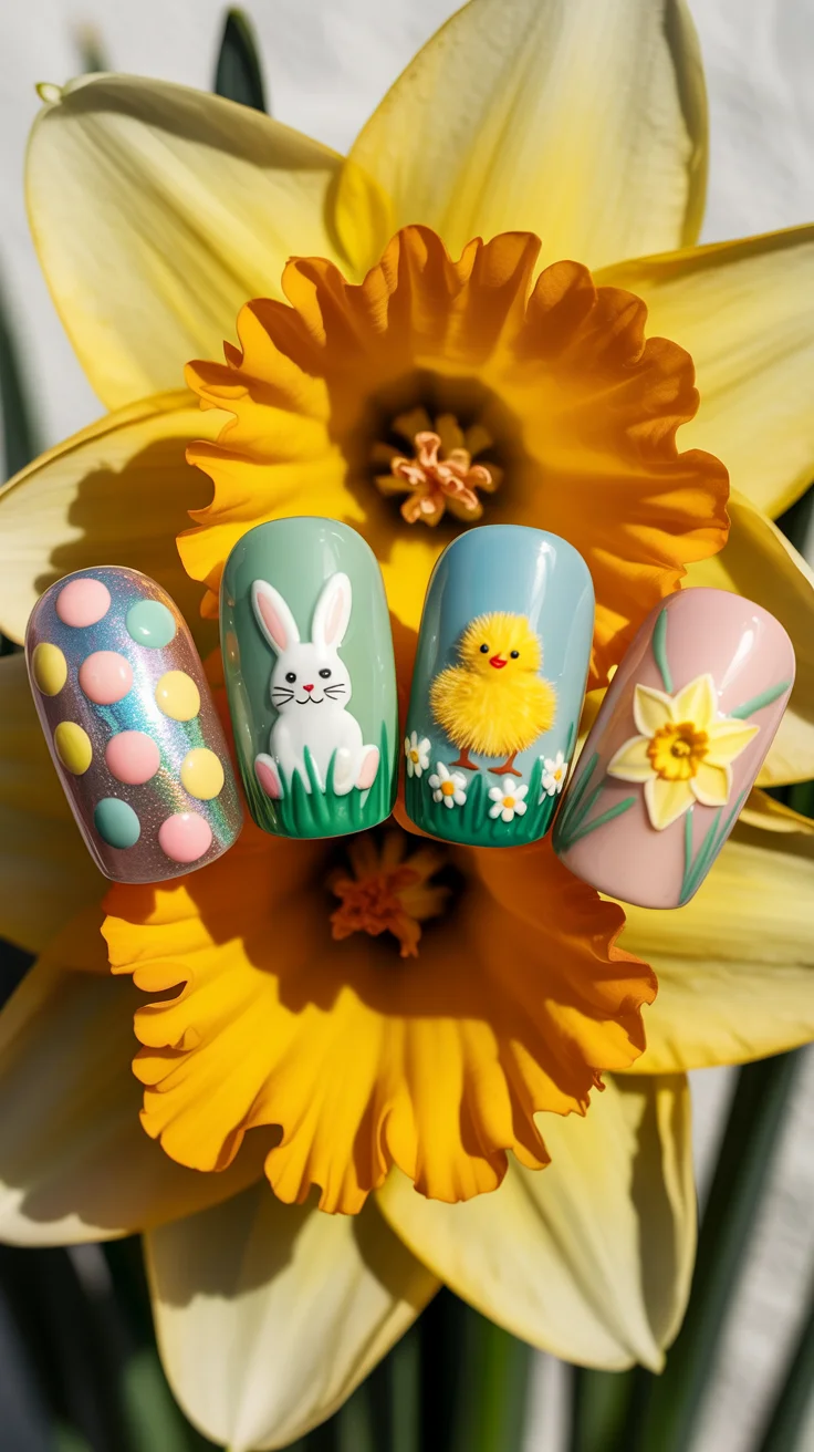 easter nails ideas 2026 Daffodil Inspired Easter Nails with Chick and Floral Details
