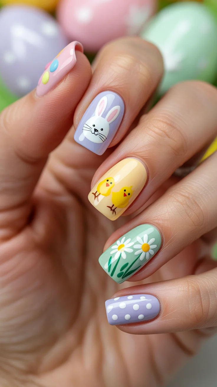 easter nails ideas 2026 Soft Pastel Easter Mix with Bunny Chicks and Daisy Details