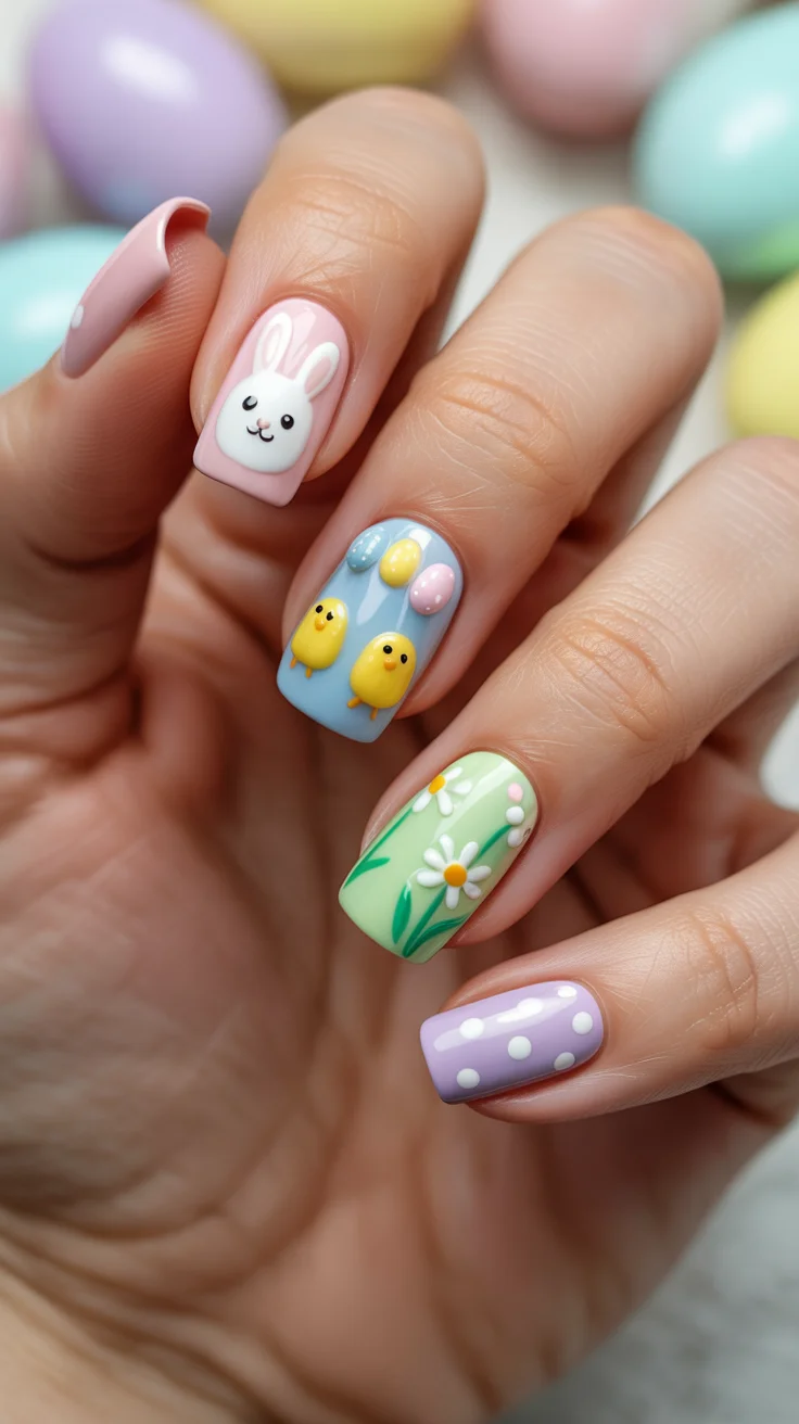 easter nails ideas 2026 Pastel Bunny and Chick Nail Art with Playful Easter Egg Accents