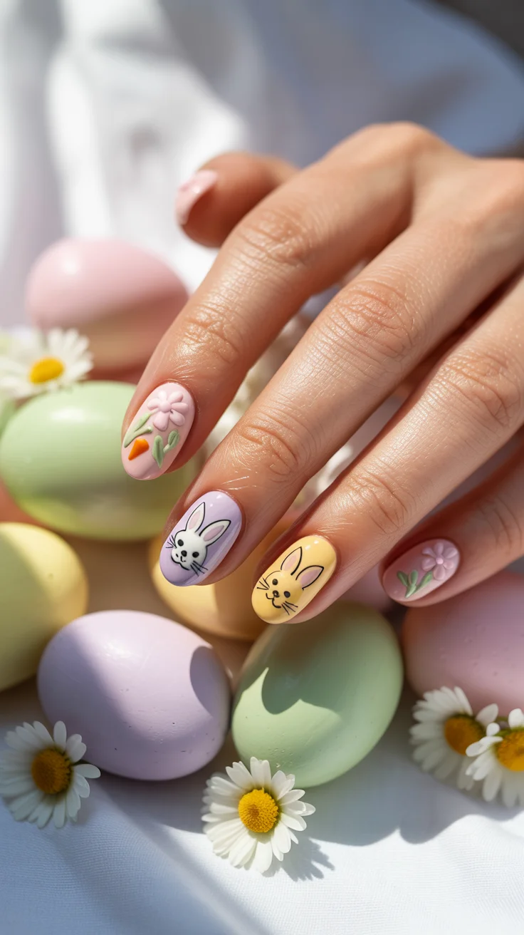 easter nails ideas 2026 Soft Spring Bunny Nails with Floral and Carrot Details