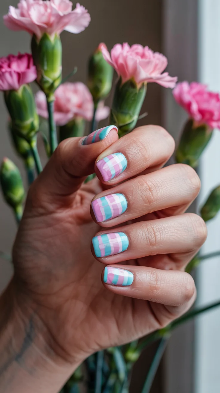 elegant spring nails for work 2026 Soft Pastel Plaid Office Manicure