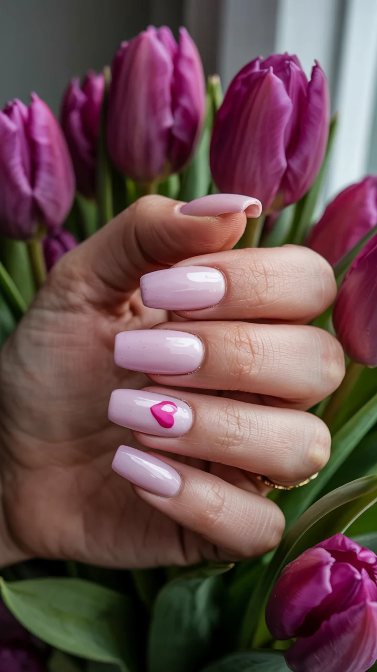 elegant spring nails for work 2026 blush pink nails with heart accent