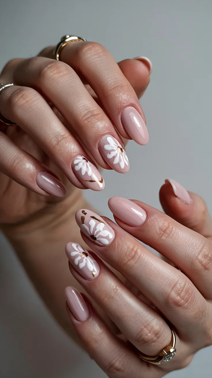 elegant spring nails for work 2026 nude floral almond manicure
