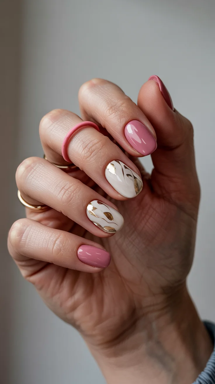 elegant spring nails for work 2026 pink and cream nails with gold leaf design