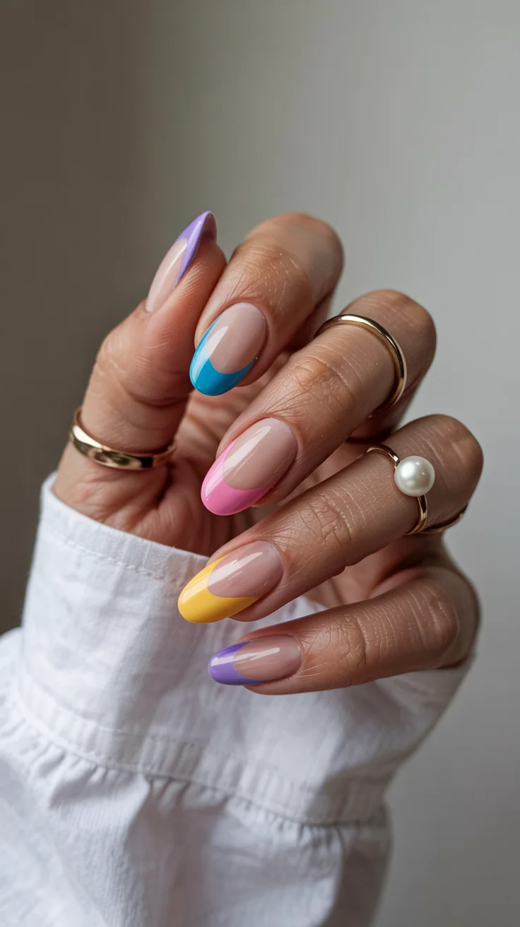elegant spring nails for work 2026 colorful diagonal french tips