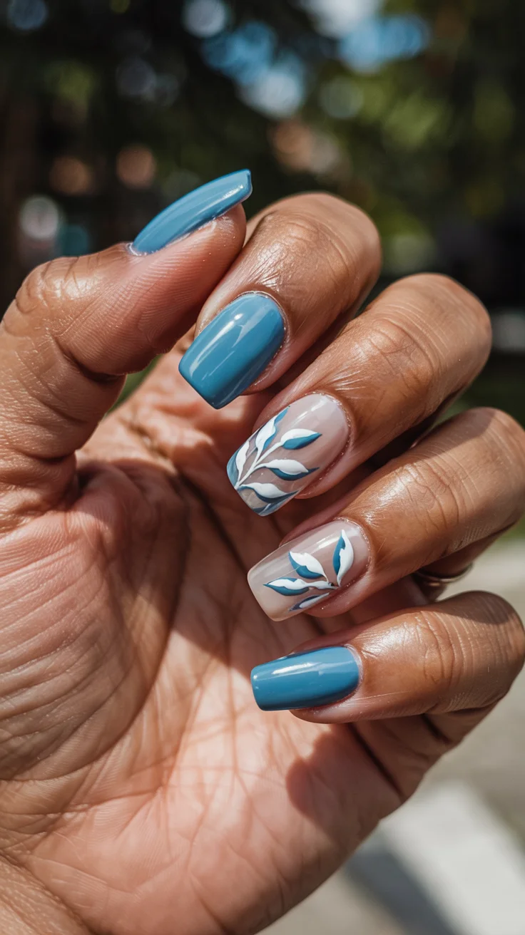 elegant spring nails for work 2026 Blue Botanical Office Nail Art