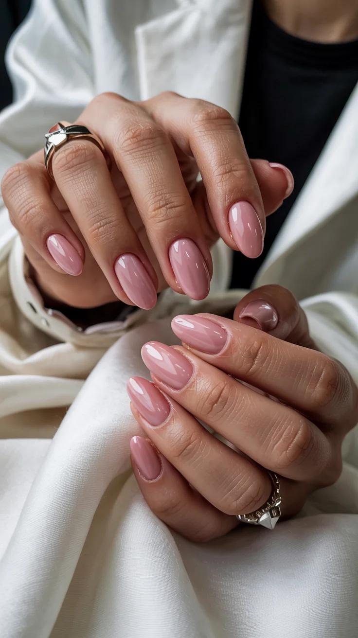 elegant spring nails for work 2026 Glossy Rosy Nude Office Manicure