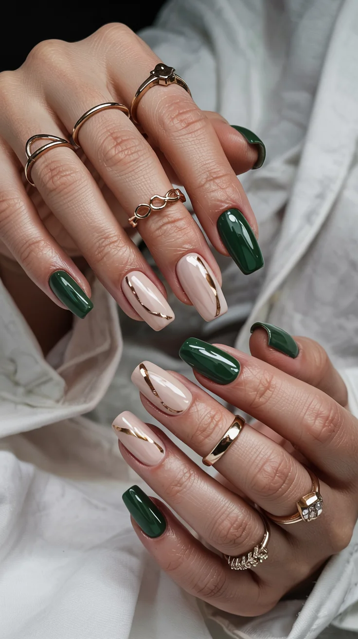 elegant spring nails for work 2026 Emerald Green and Nude Gold Accent Manicure