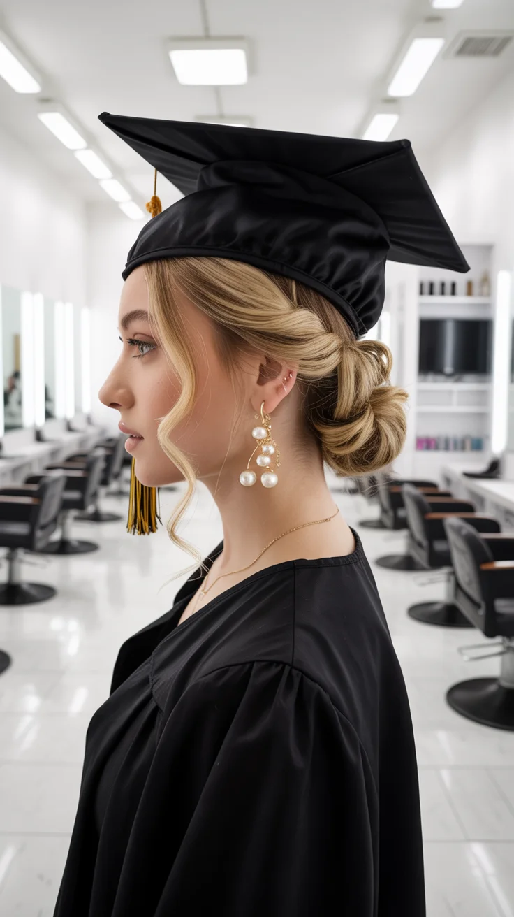 graduation hairstyles ideas 2026 Classic Low Graduation Chignon with Elegant Details