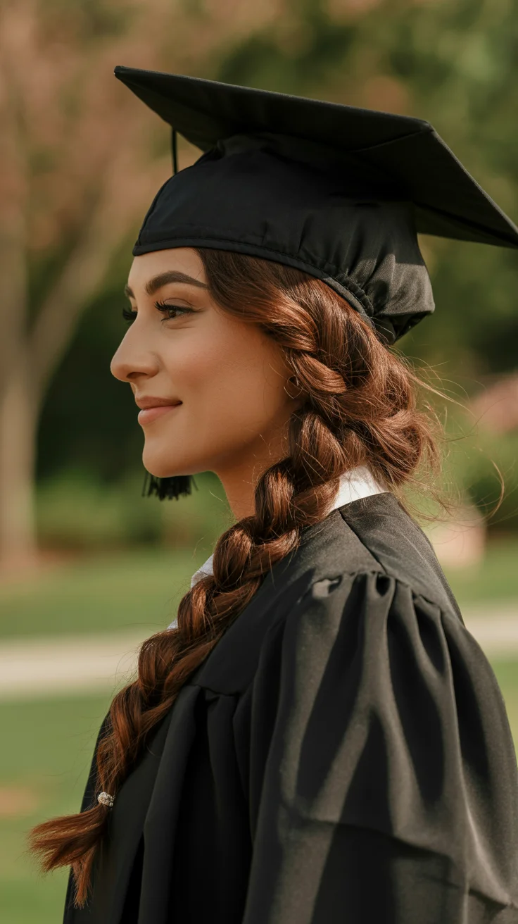 graduation hairstyles ideas 2026 Romantic Auburn Side Braid for Outdoor Graduation Ceremonies