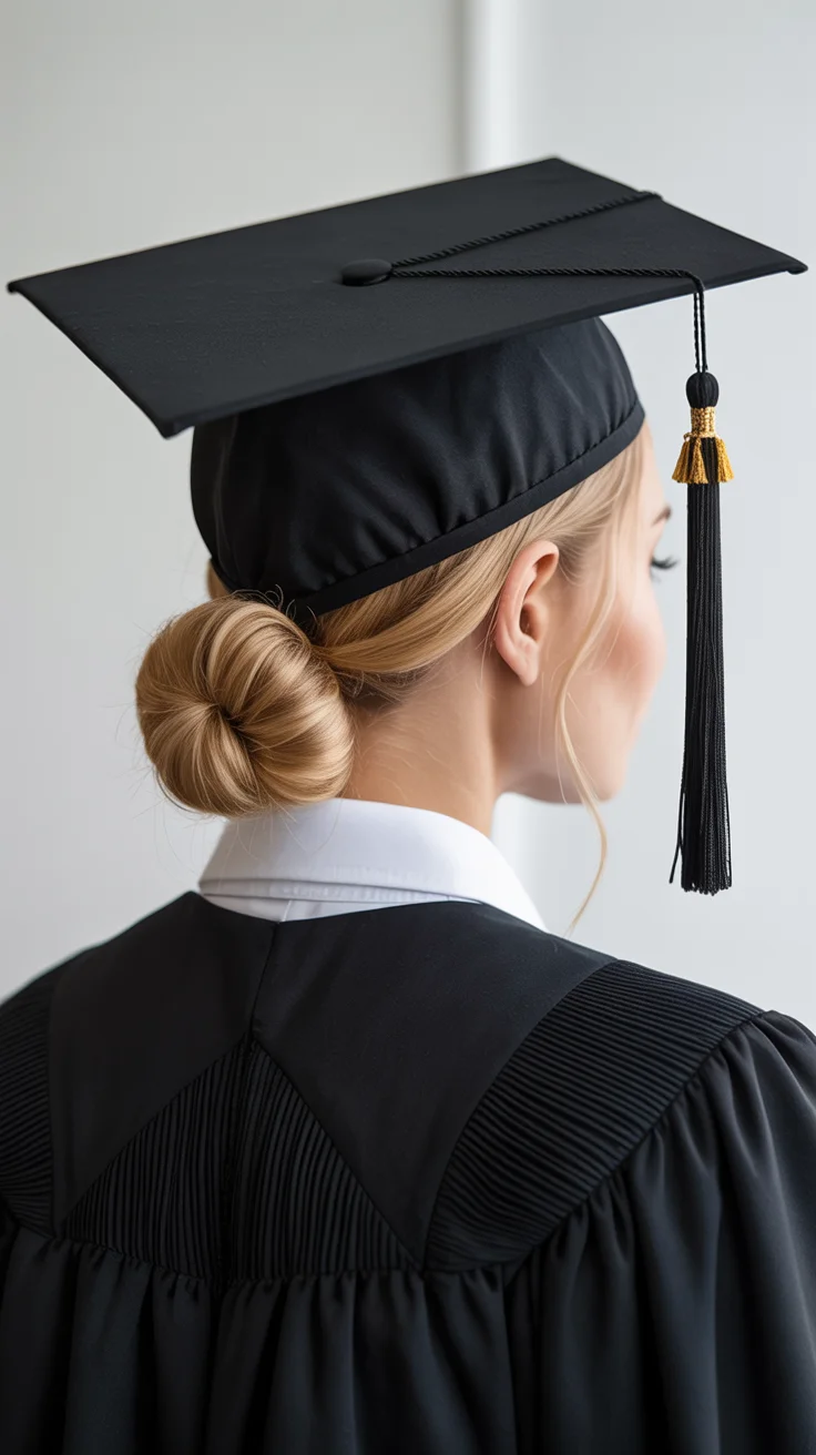graduation hairstyles ideas 2026 Classic Low Graduation Bun That Keeps Everything Elegant