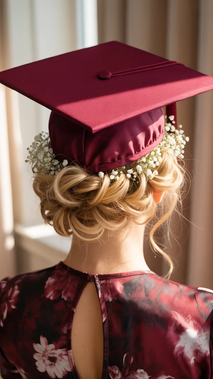 graduation hairstyles ideas 2026 Romantic Floral Graduation Bun with Soft Braided Texture