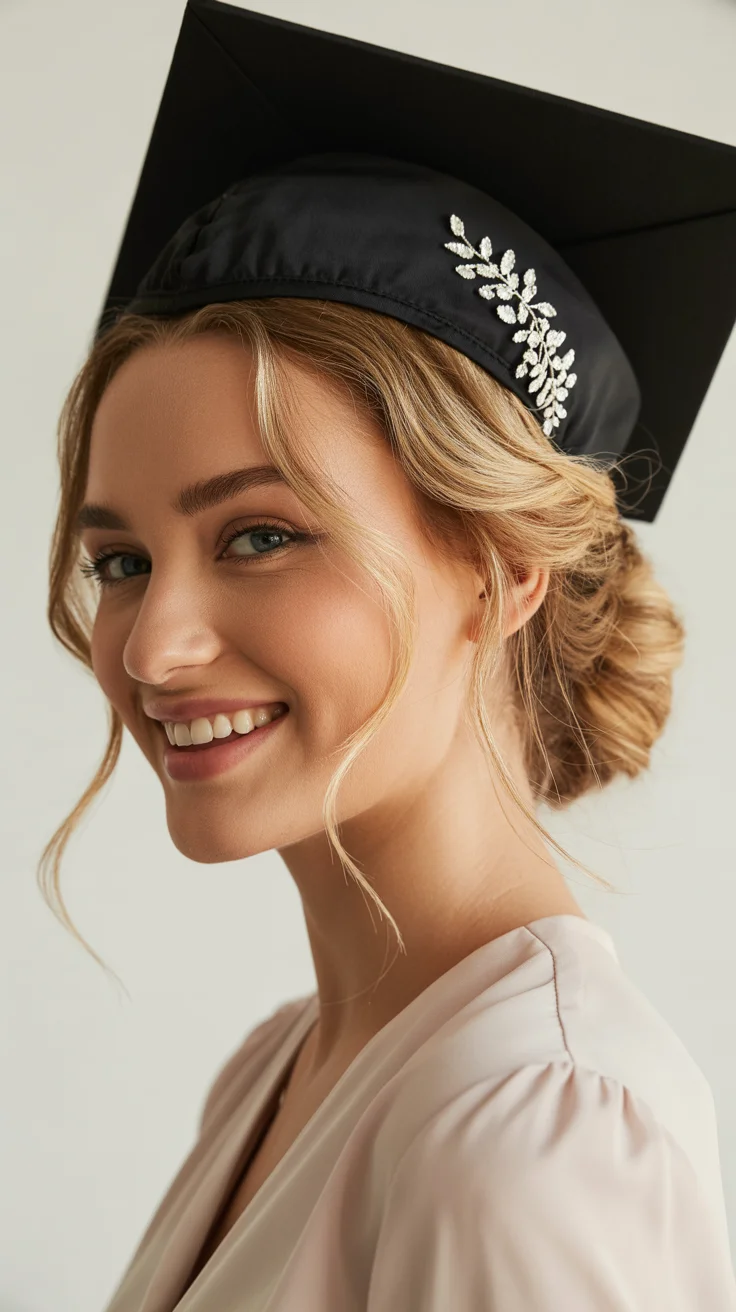 graduation hairstyles ideas 2026 Elegant Low Graduation Updo with a Crystal Accent