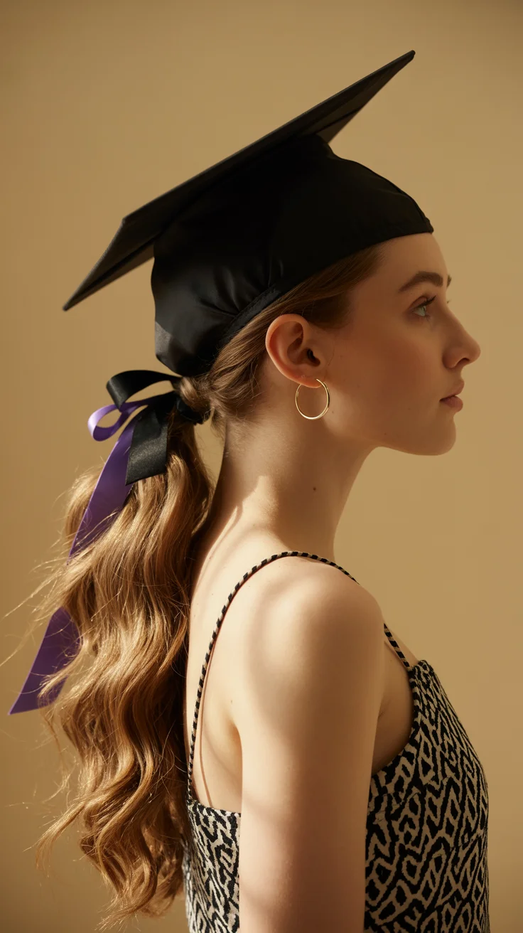graduation hairstyles with cap ideas 2026 ribbon ponytail