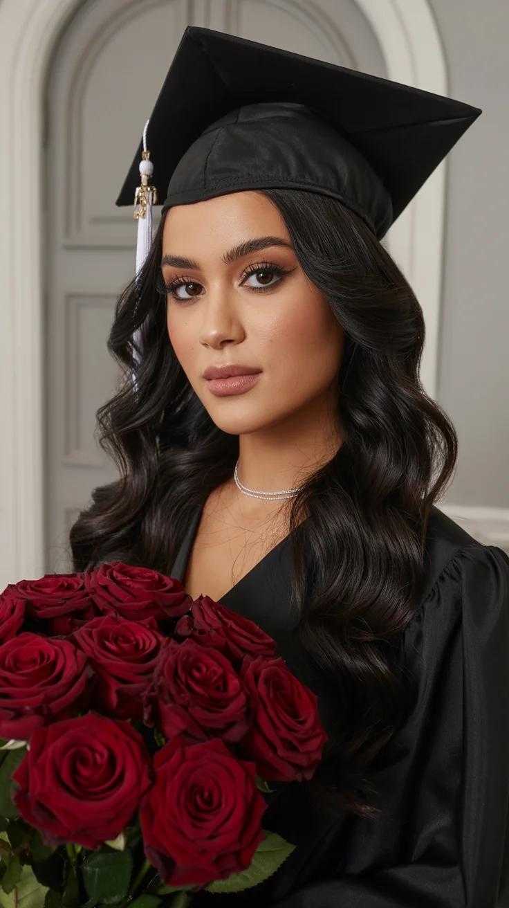 graduation hairstyles with cap ideas 2026 center part glam waves