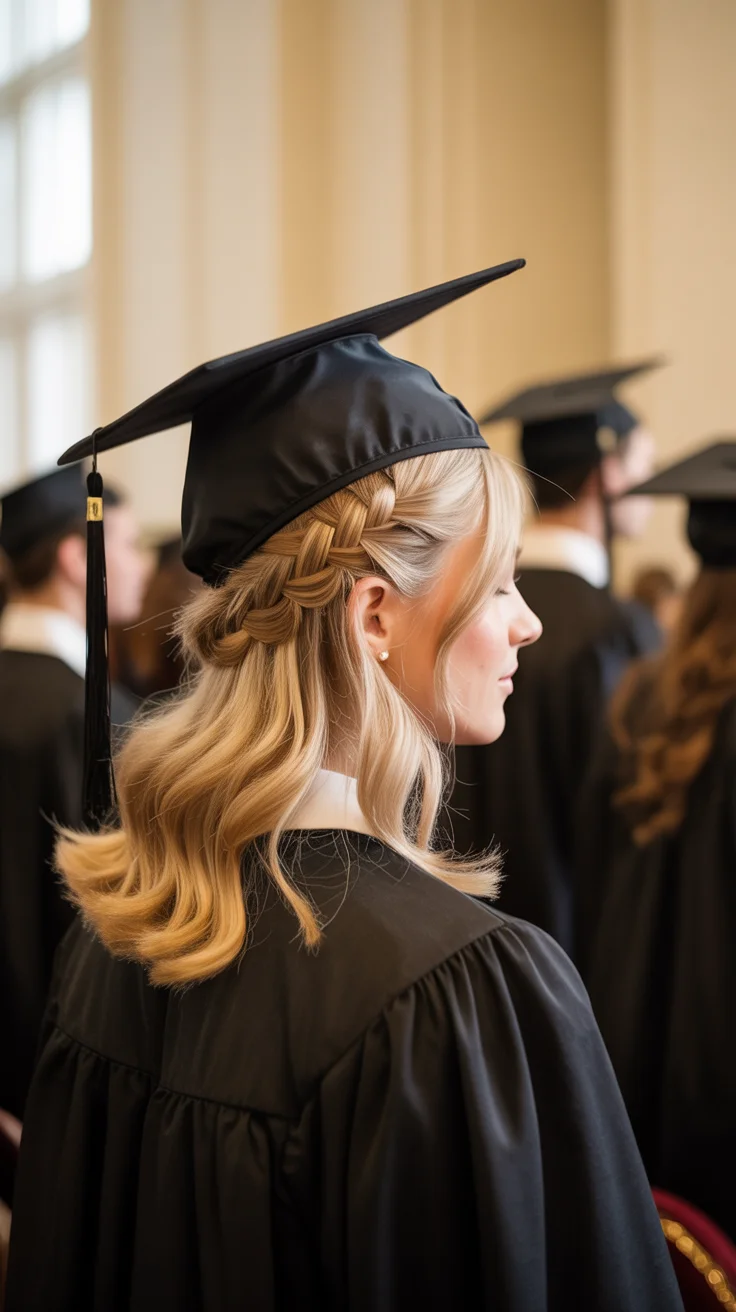 graduation hairstyles with cap ideas 2026 half up braid waves