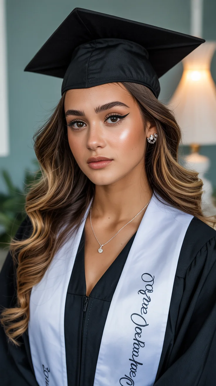 graduation hairstyles with cap ideas 2026 soft glam waves highlights