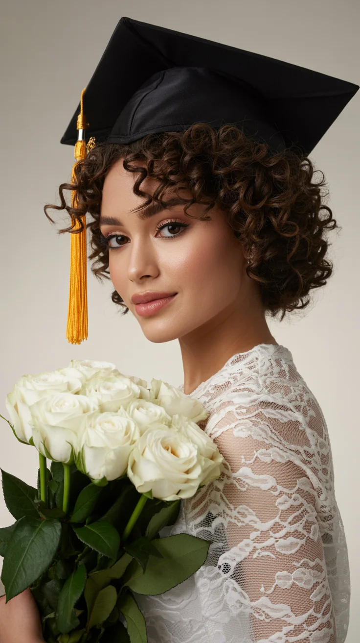 graduation hairstyles with cap ideas 2026 curly bob