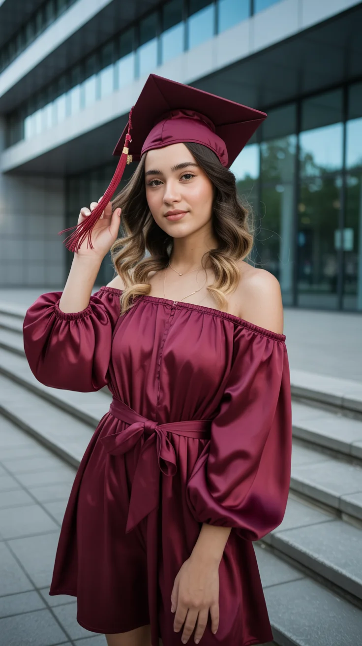 graduation look ideas 2026 Romantic Burgundy Satin for a Modern Graduation Moment