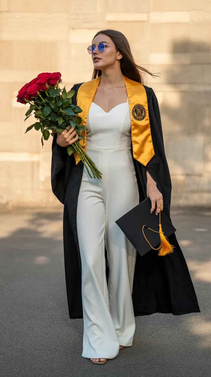 graduation look ideas 2026 Elegant Graduation Style with a White Jumpsuit